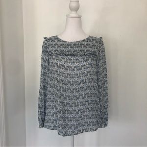 LOFT Petites Women Mosaic White/Blue Ruffle Long Sleeve Blouse Sz SP